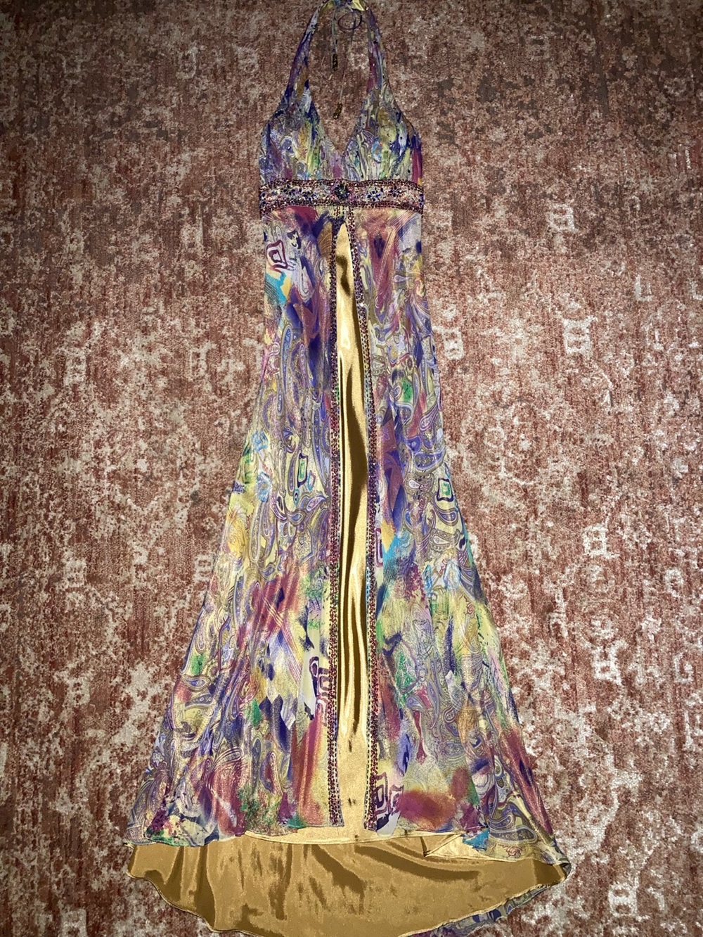 Multicolored Beaded Silk Gown - Picture 2 of 9